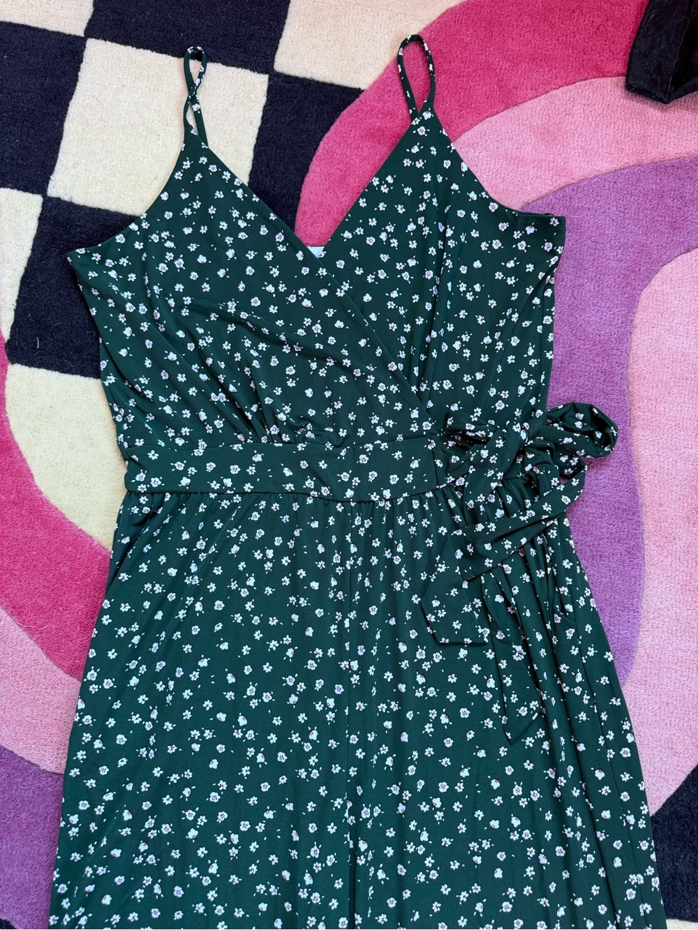 NWT Kaileigh Dark Green Floral Wide Leg Knit Jumpsuit Spaghetti Strap XXL